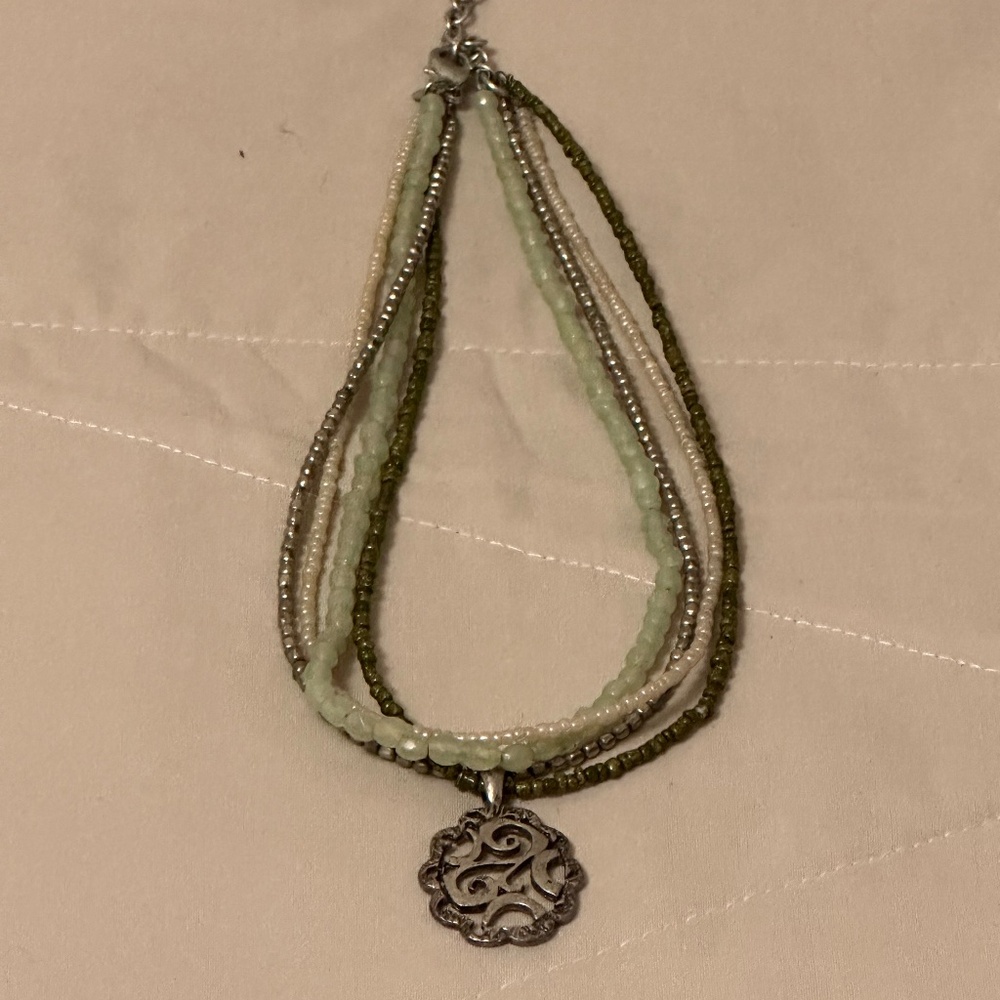 2/$20 Green Gray & Cream Beaded 4 Strand necklace pendant w/swirls